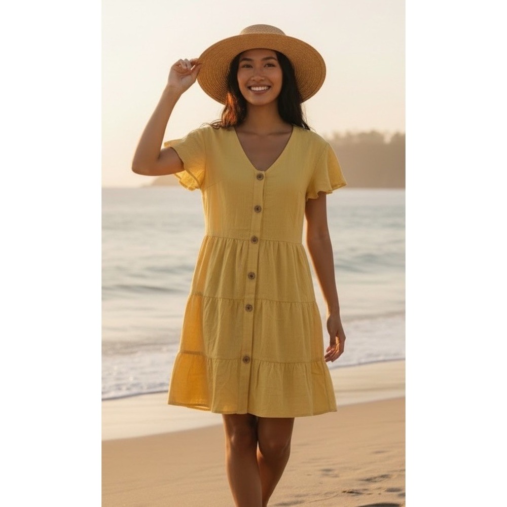 New! Andree by Unit Yellow Babydoll Dress Size Small S Tiered summer Lined Nice!